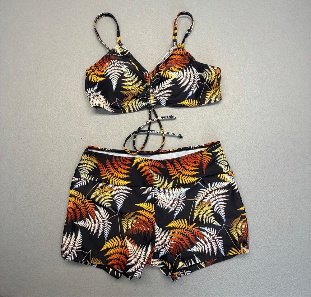 3 pc Women's Leaf Print Front Tie Bikini High Waist Shorts Swim w/Kimono Size M